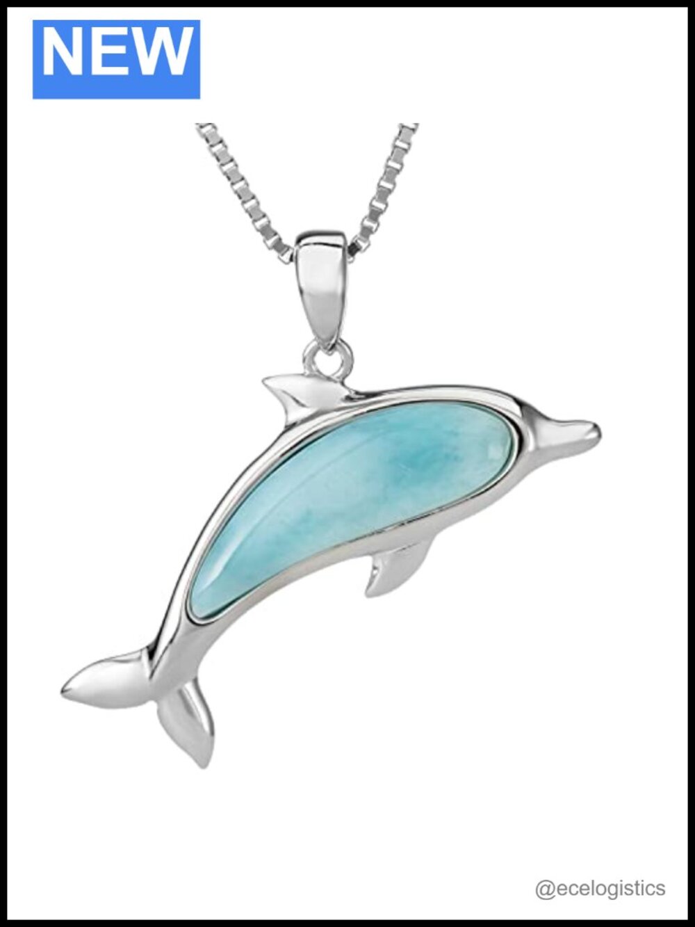 925 Sterling Silver Natural Larimar Dolphin Necklace 18" Box Chain